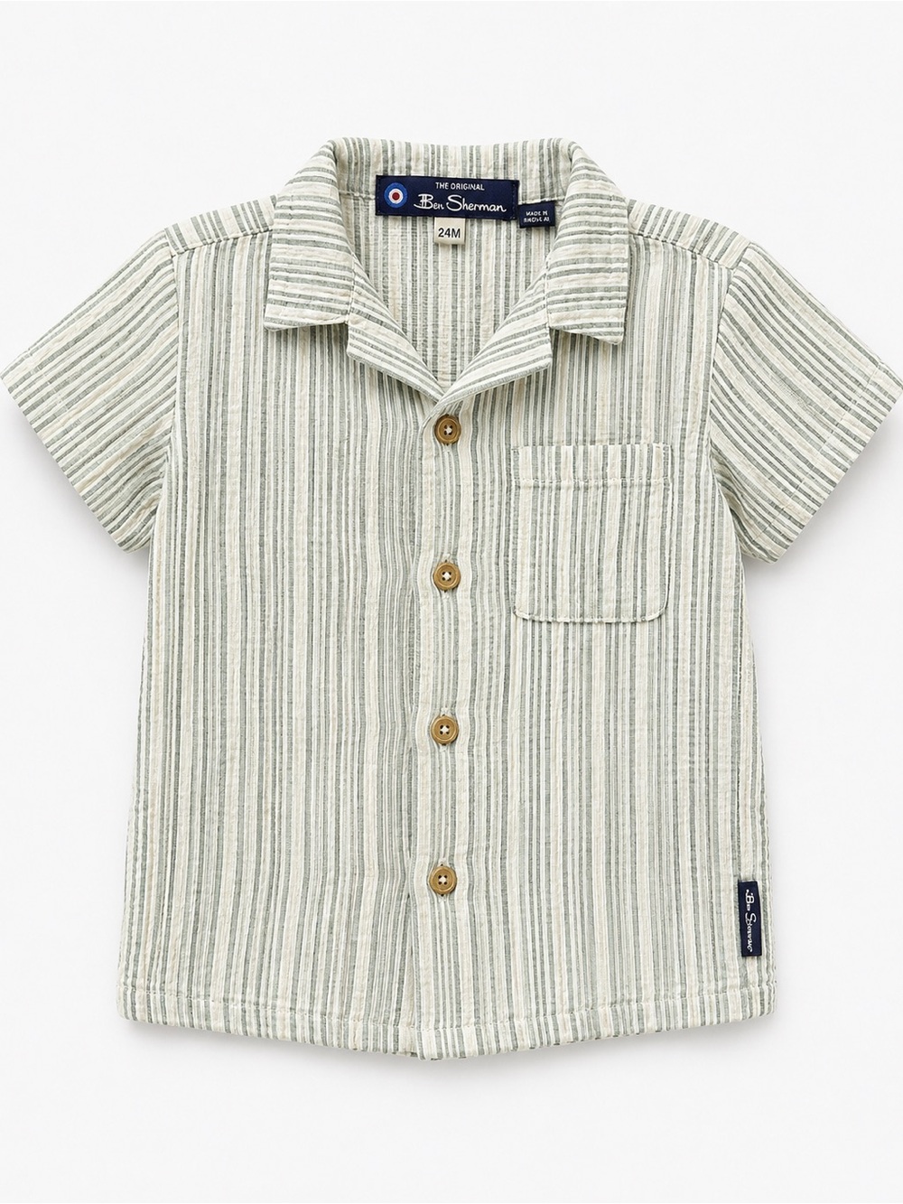 Ben Sherman Cream and Sage Striped Short-Sleeve Button-Down Shirt - Kids